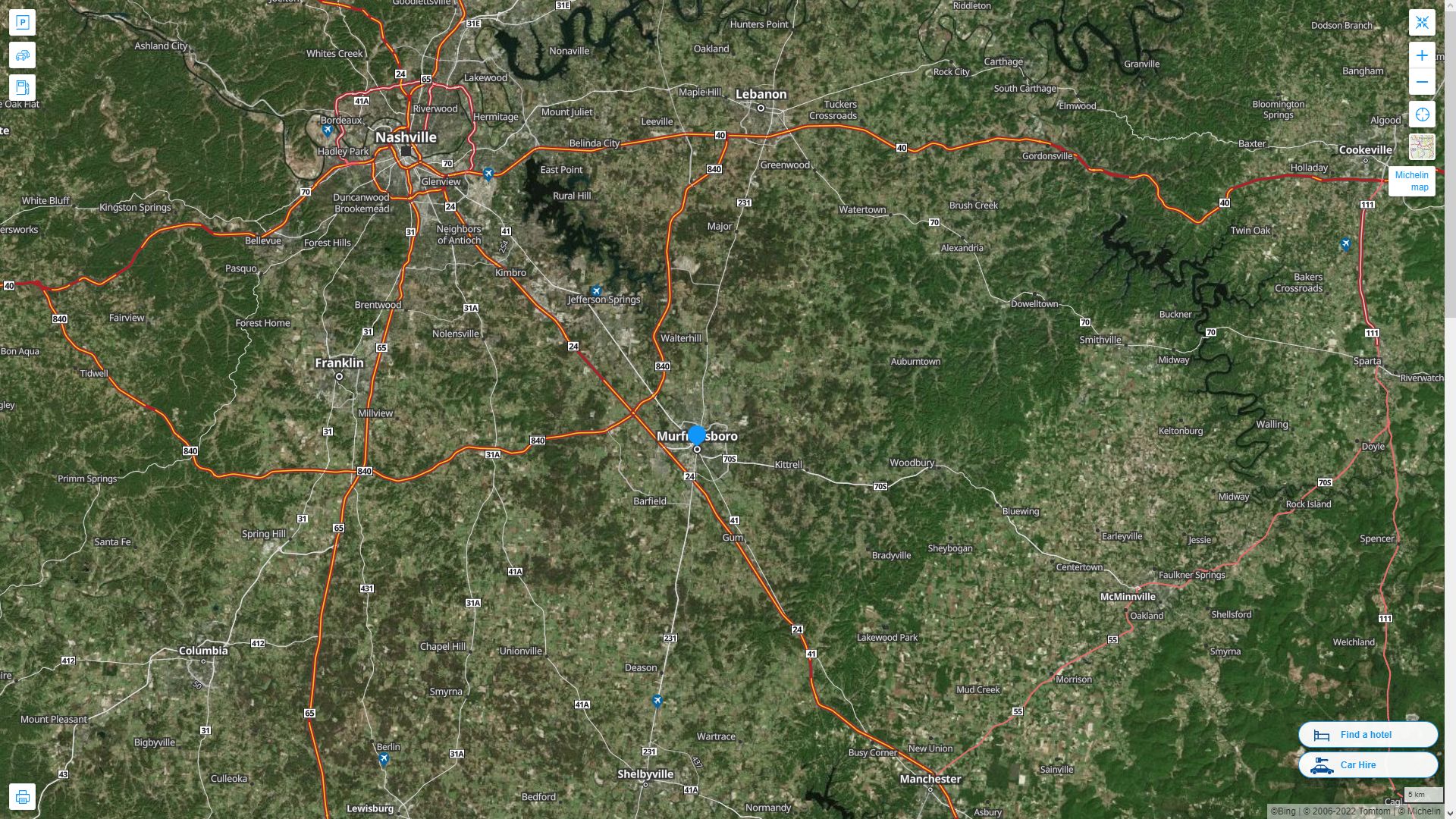 Murfreesboro Tennessee Highway and Road Map with Satellite View